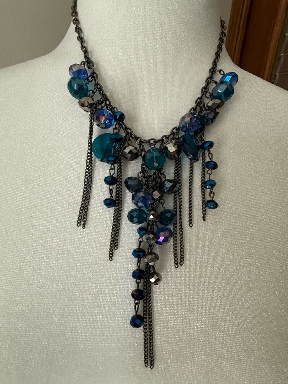 Blue and Silver Beaded Necklace with Chain Accents